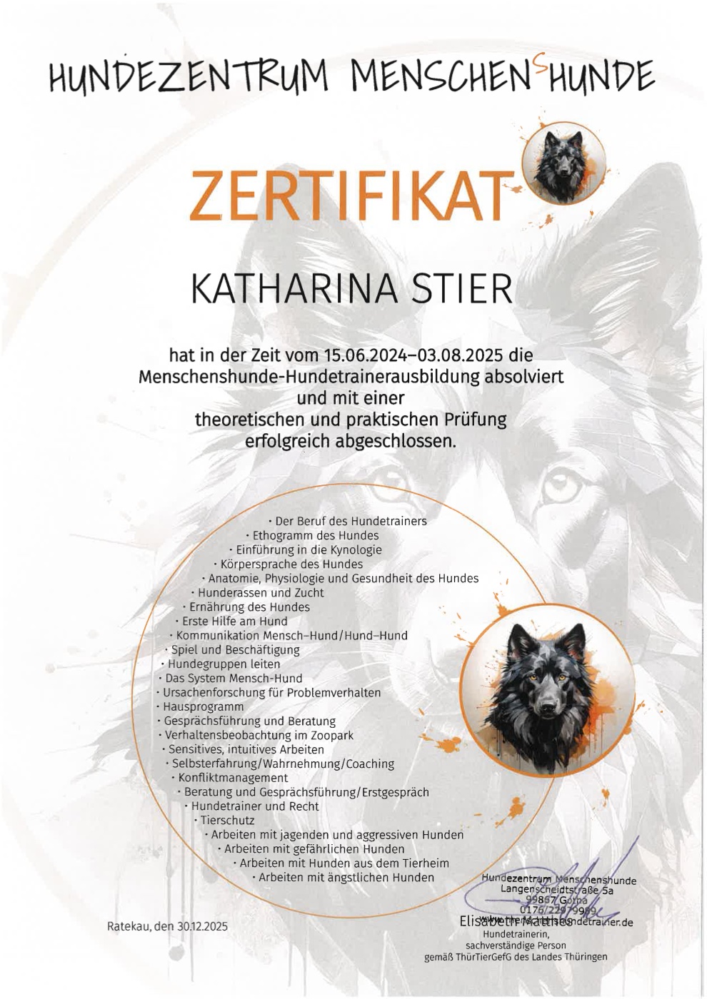 Zertifikat über die abgeschlossene Hundetrainerausbildung von Katharina Stier.